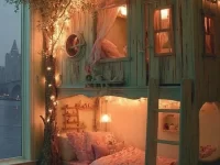 Whimsical treehouse kids decor creating a fairy tale retreat atmosphere.