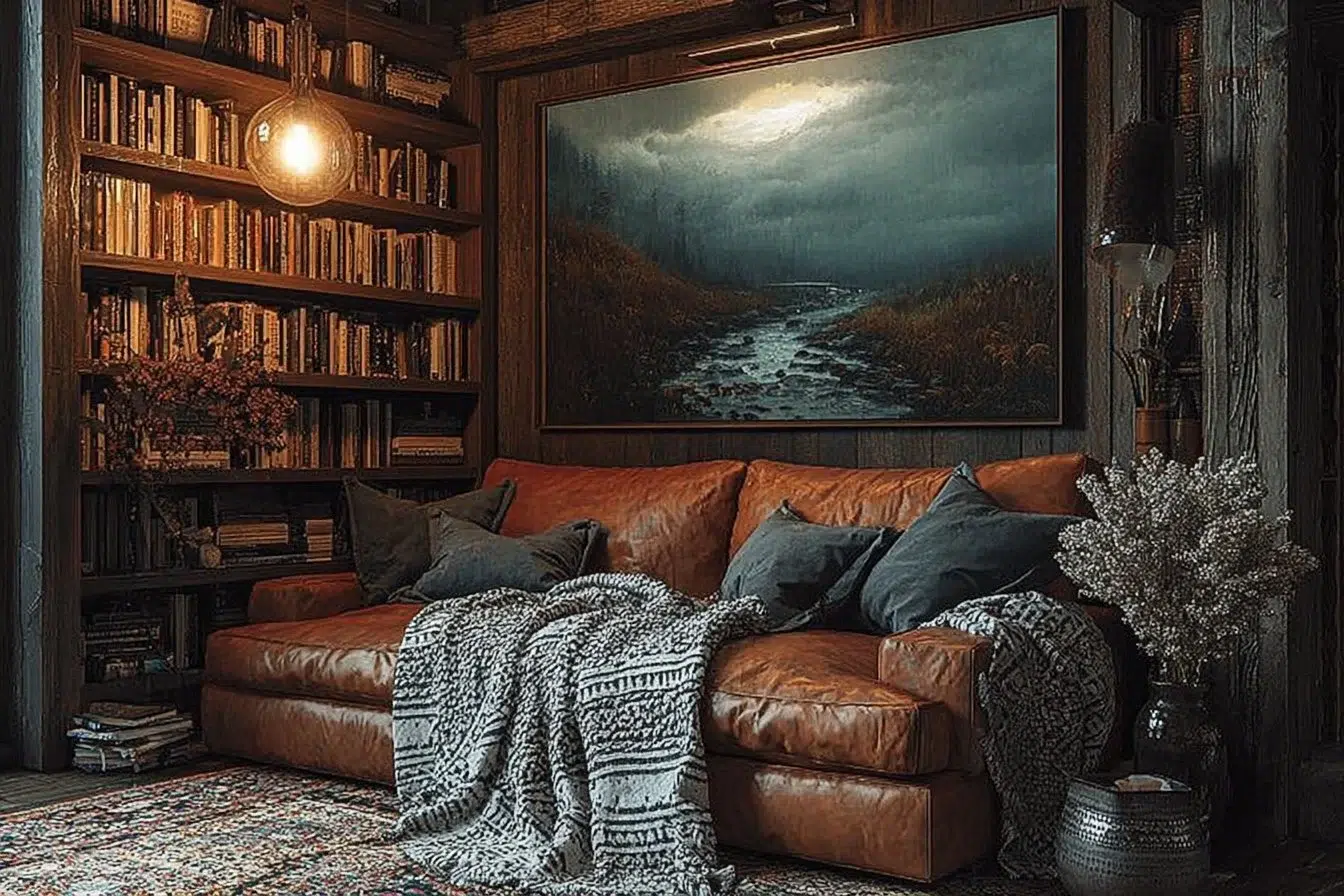 Cozy living room featuring cognac leather furniture and warm decor accents.