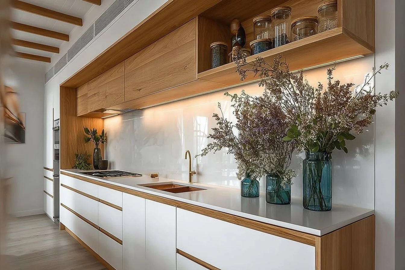 Sage green and wood kitchen design featuring elegant cabinetry and modern decor.