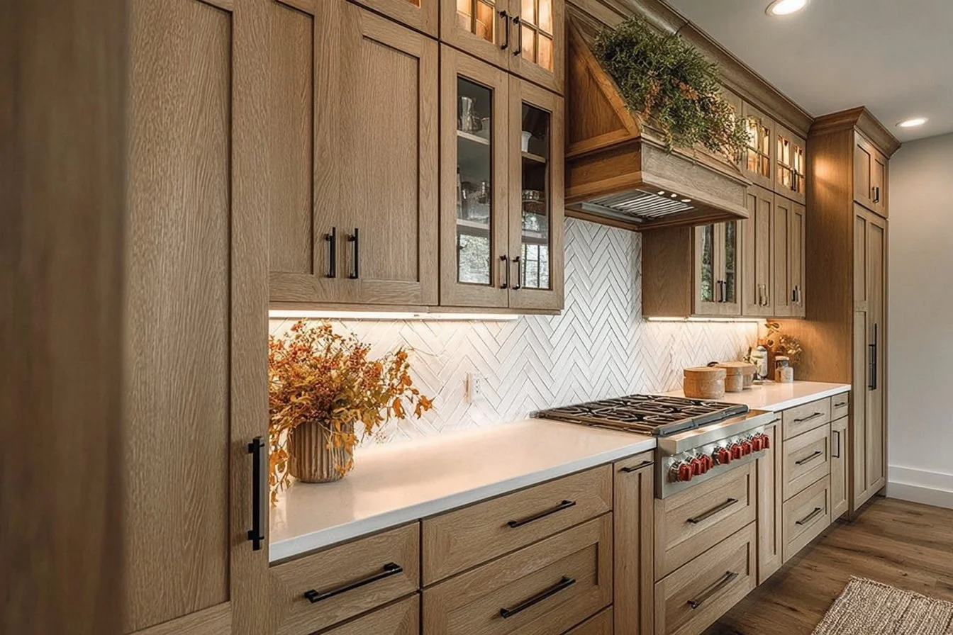Stunning light brown kitchen cabinets in a modern cooking area