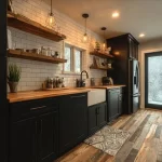 Elegant black modern kitchen featuring minimalistic design and stylish accents.