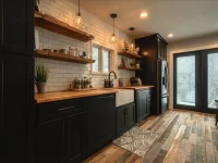 Elegant black modern kitchen featuring minimalistic design and stylish accents.