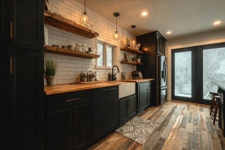 Elegant black modern kitchen featuring minimalistic design and stylish accents.