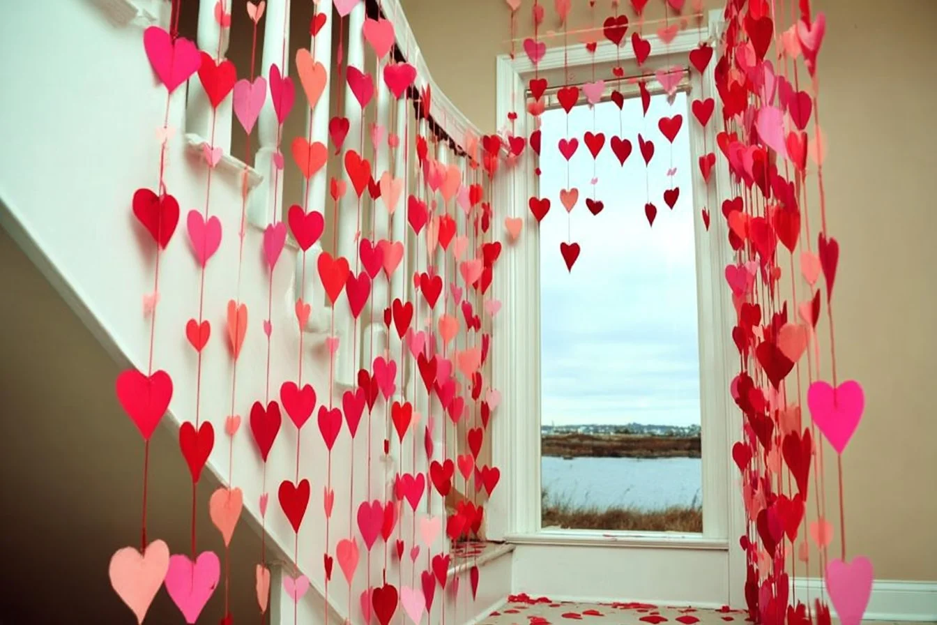 Various Valentine's Paper Heart Crafts displayed on a colorful background.