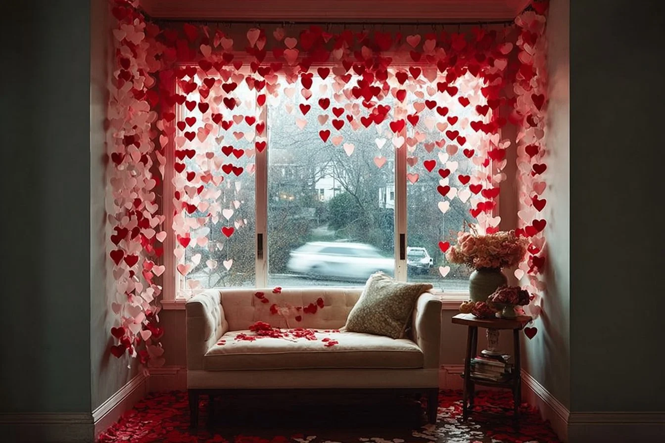 Elegant Valentine's Day decorations for living room, bedroom, and dining areas.