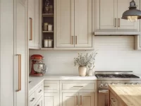 A collection of stylish beige kitchen cabinets for elegant interior design inspiration.