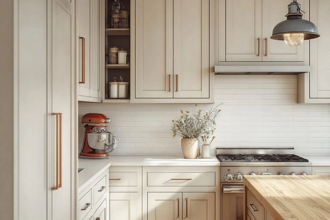 A collection of stylish beige kitchen cabinets for elegant interior design inspiration.