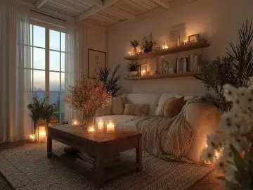 Cozy living room with warm decor and inviting furnishings.