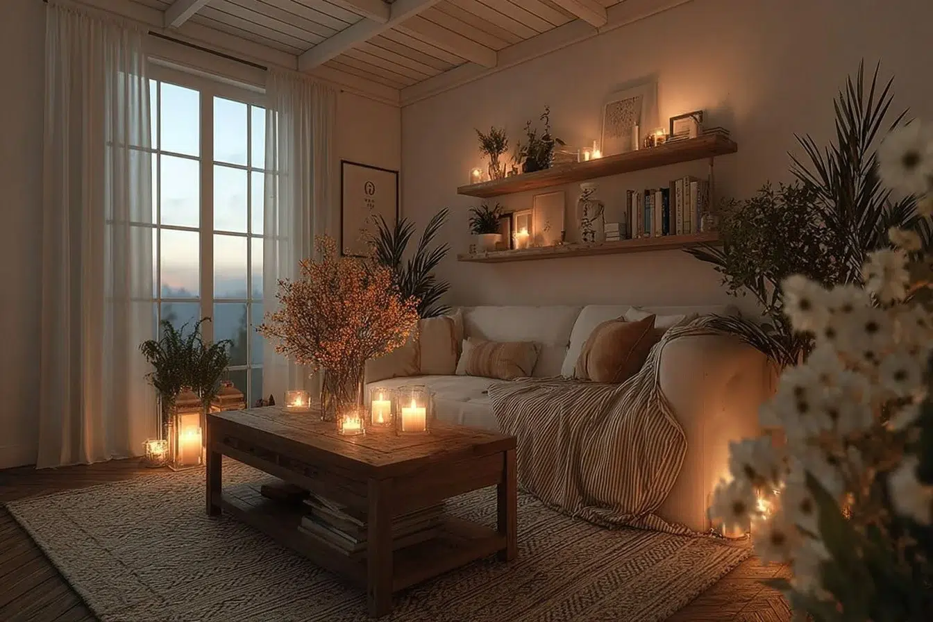 Cozy living room with warm decor and inviting furnishings.