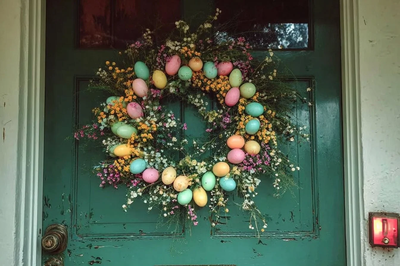 Beautifully decorated Easter table with spring flowers and colorful eggs