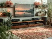 Cozy modern boho living room with stylish decor and warm textures.