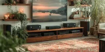 Cozy modern boho living room with stylish decor and warm textures.