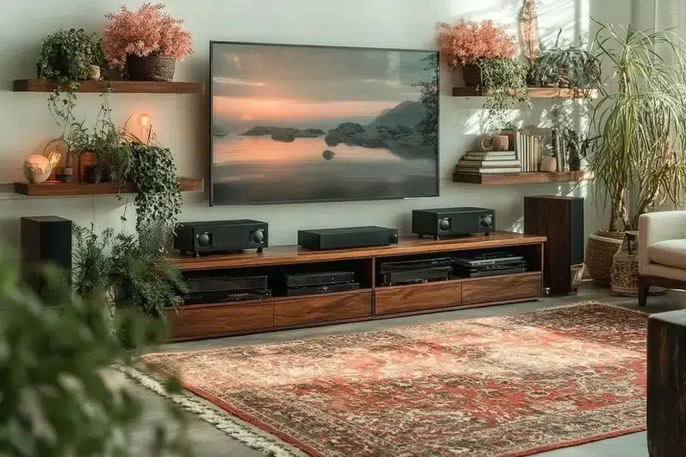 Cozy modern boho living room with stylish decor and warm textures.