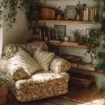 A cozy cottagecore decor scene featuring vintage furniture and nature-inspired elements.