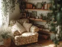 A cozy cottagecore decor scene featuring vintage furniture and nature-inspired elements.