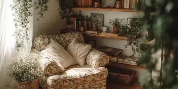 A cozy cottagecore decor scene featuring vintage furniture and nature-inspired elements.