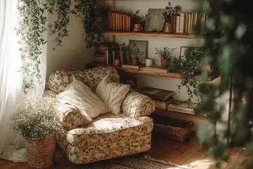 A cozy cottagecore decor scene featuring vintage furniture and nature-inspired elements.