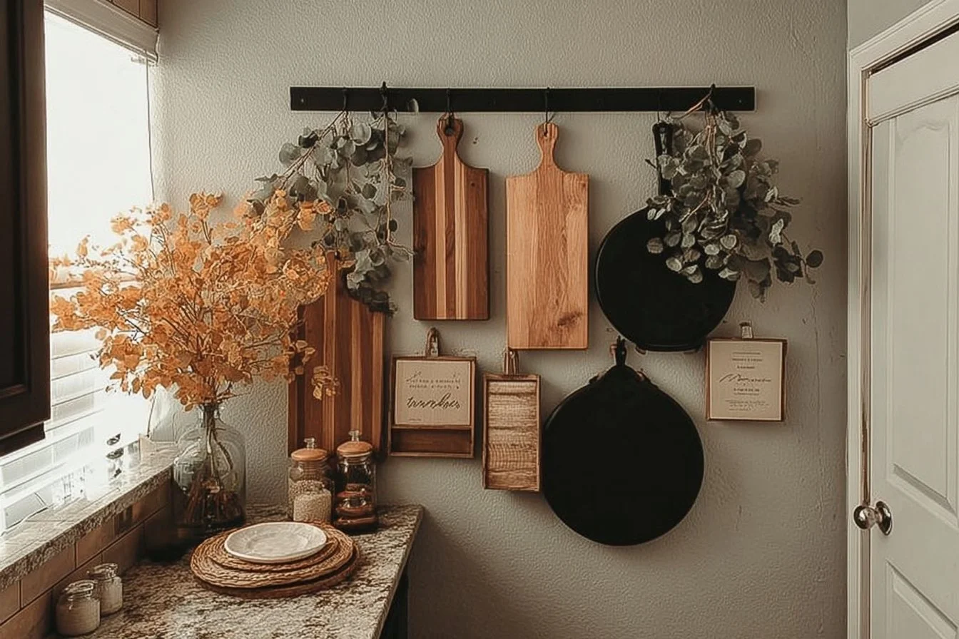 Charming wood wall displays enhancing kitchen decor and organization