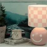 Bright checker lamp illuminating a room with cheerful decor