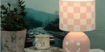 Bright checker lamp illuminating a room with cheerful decor