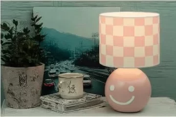 Bright checker lamp illuminating a room with cheerful decor