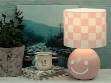 Bright checker lamp illuminating a room with cheerful decor