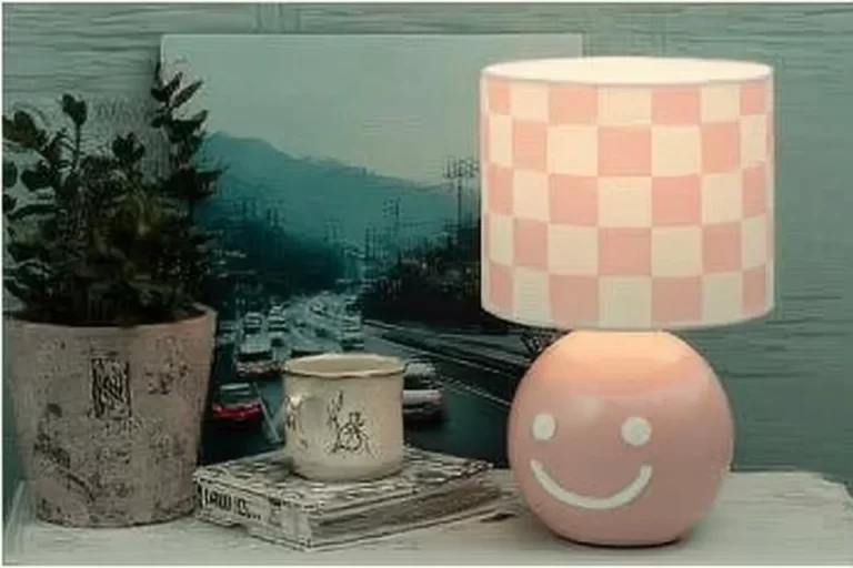 Bright checker lamp illuminating a room with cheerful decor