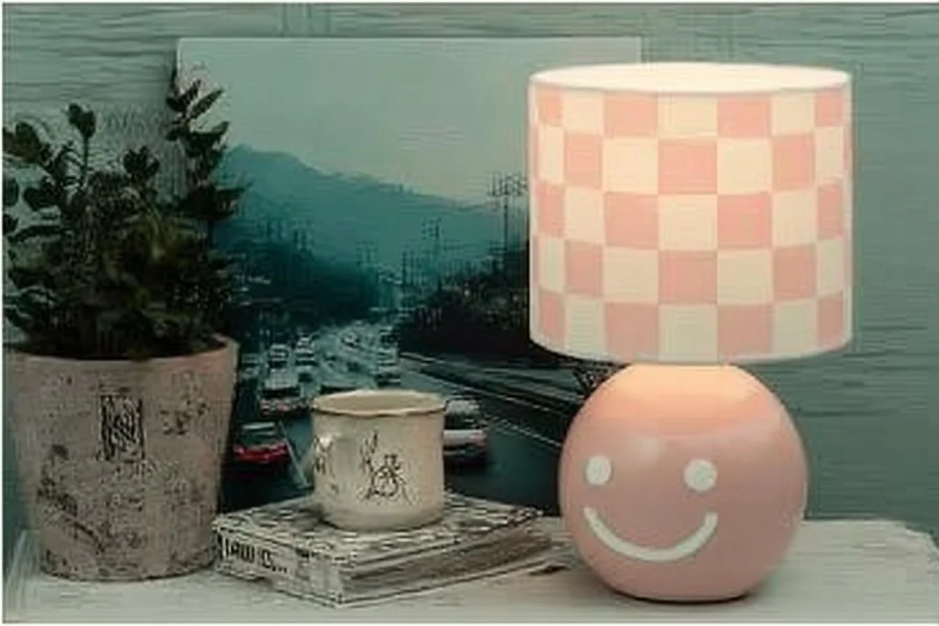 Bright checker lamp illuminating a room with cheerful decor