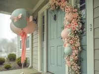 Colorful spring door wreath adorned with flowers and greenery for a cozy welcome.