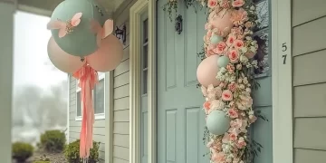 Colorful spring door wreath adorned with flowers and greenery for a cozy welcome.