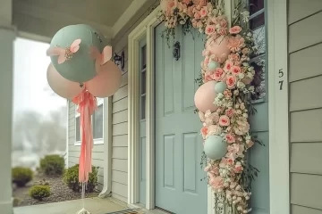Colorful spring door wreath adorned with flowers and greenery for a cozy welcome.