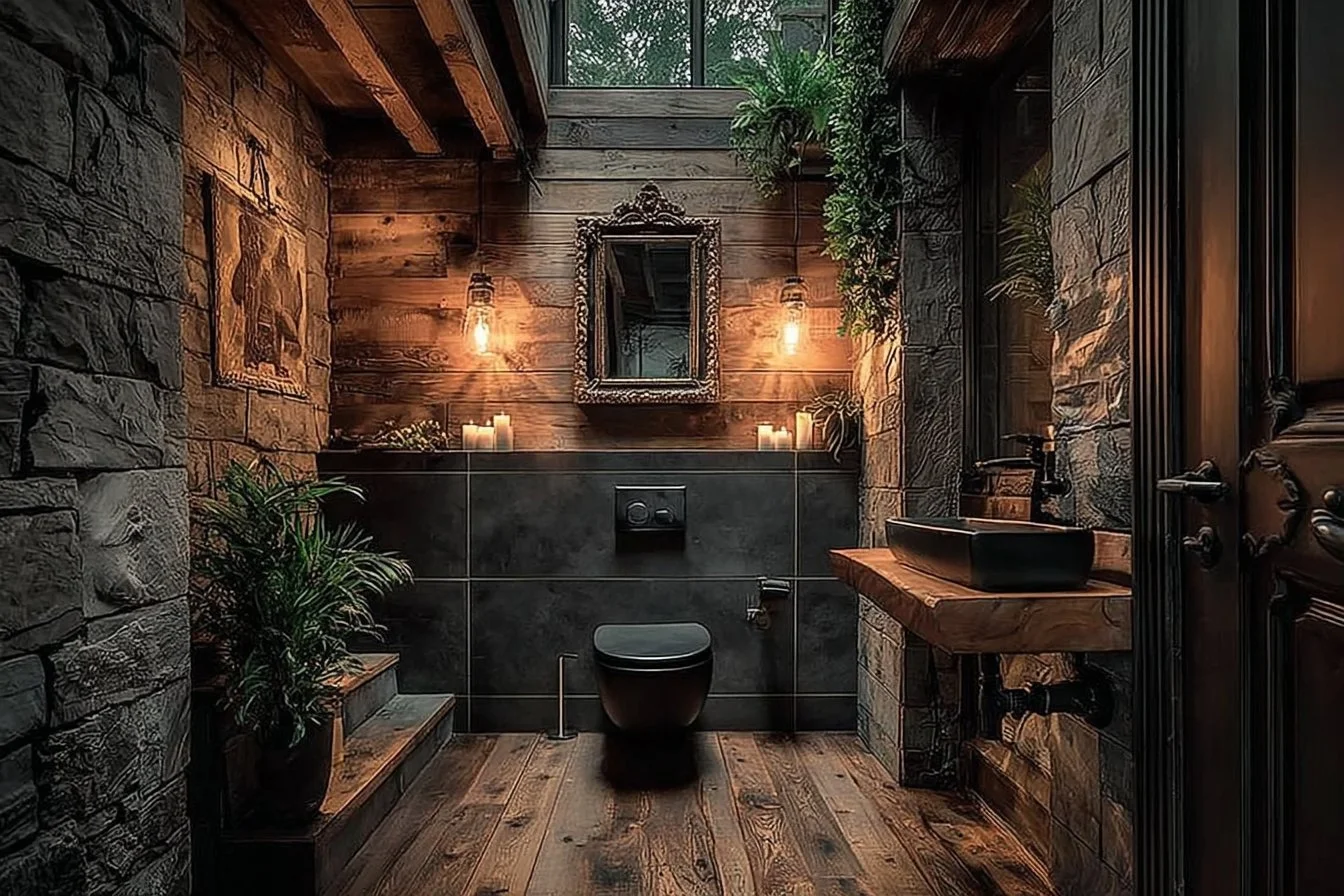 Cozy rustic bathroom design with wooden accents and warm lighting