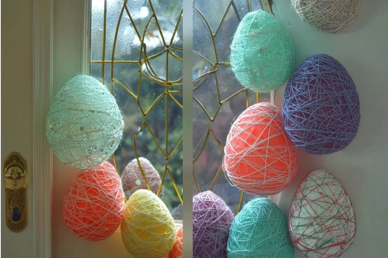 Beautiful Easter Egg Wreath adorned with colorful eggs and spring flowers.