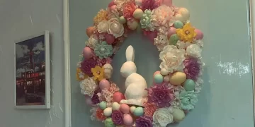 Colorful Easter Wreath DIY tutorial with flowers and decorative elements