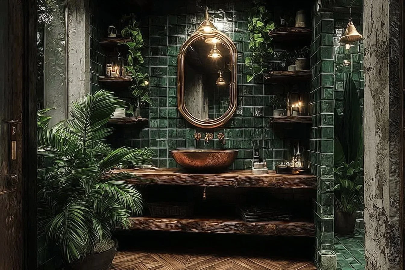 Emerald bathroom showcasing family-friendly eclectic style with vibrant decor.