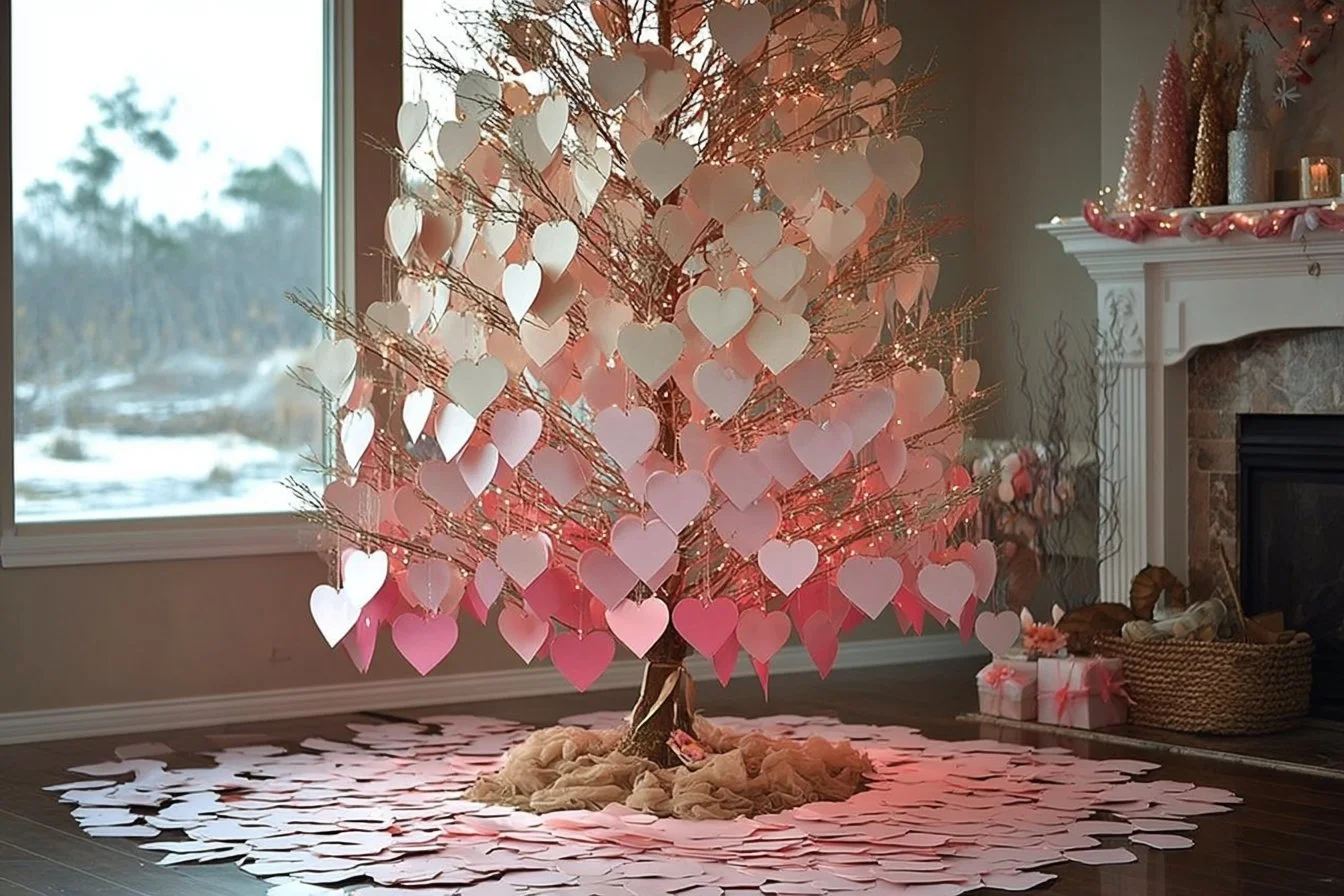 Heart-tagged trees decorated in pink, red, and gold for holiday celebrations.