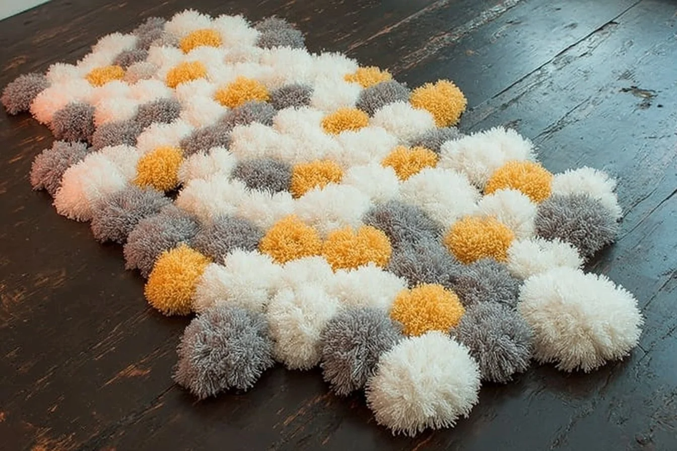 Colorful homemade yarn pom-pom rug displayed in a living room setting.