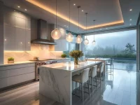 Modern kitchen design in light tones featuring stylish and functional elements