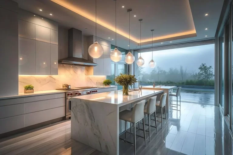 Modern kitchen design in light tones featuring stylish and functional elements
