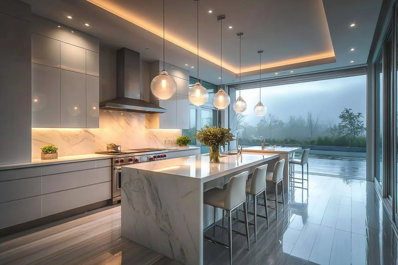 Modern kitchen design in light tones featuring stylish and functional elements