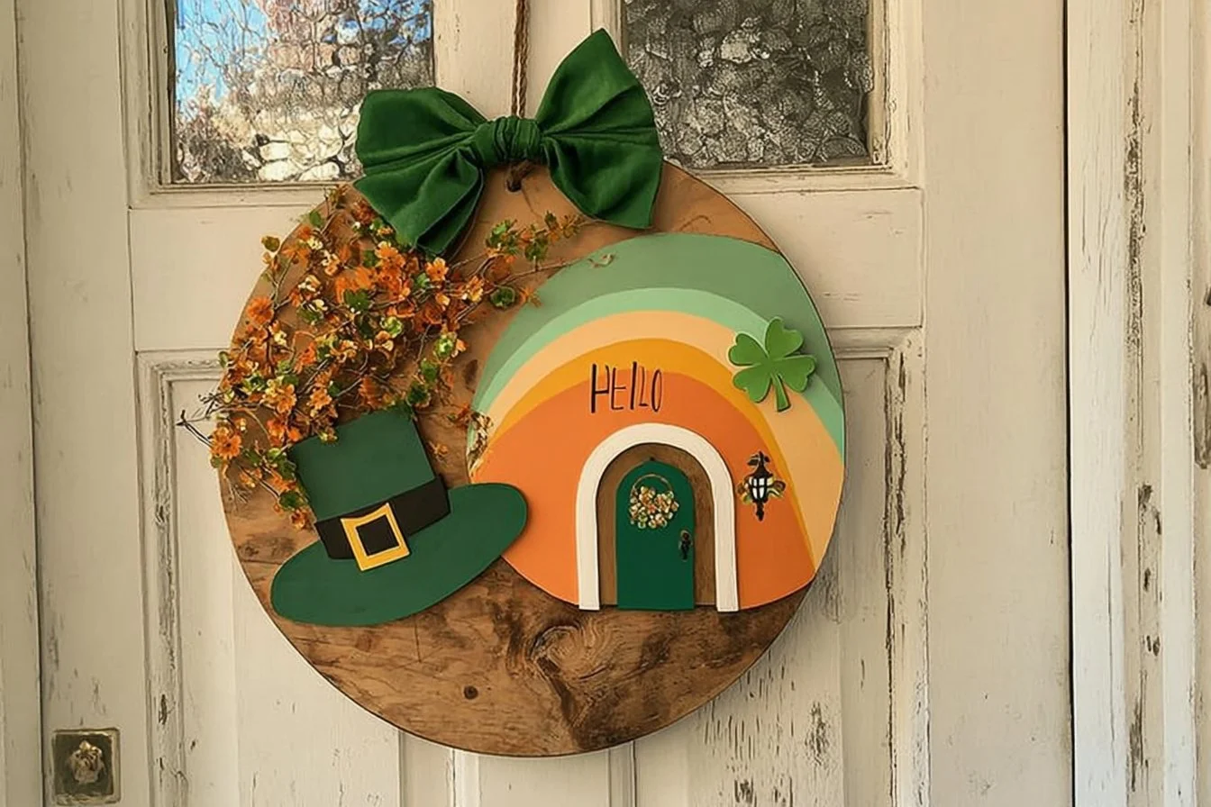 Leprechaun door hanger with rainbows and shamrocks for St. Patrick's Day decor