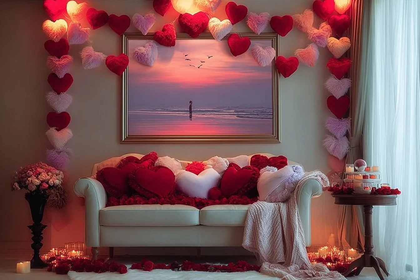 Living room beautifully decorated for Valentine's Day with heart-shaped decor.