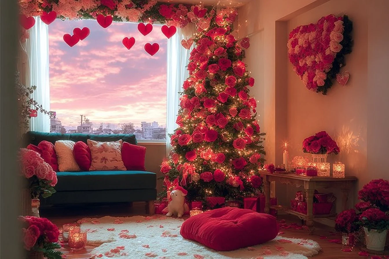 Romantic living room decorated with fairy lights for Valentine's Day