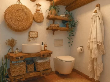 Rustic boho bathroom decor featuring natural elements and cozy aesthetics.