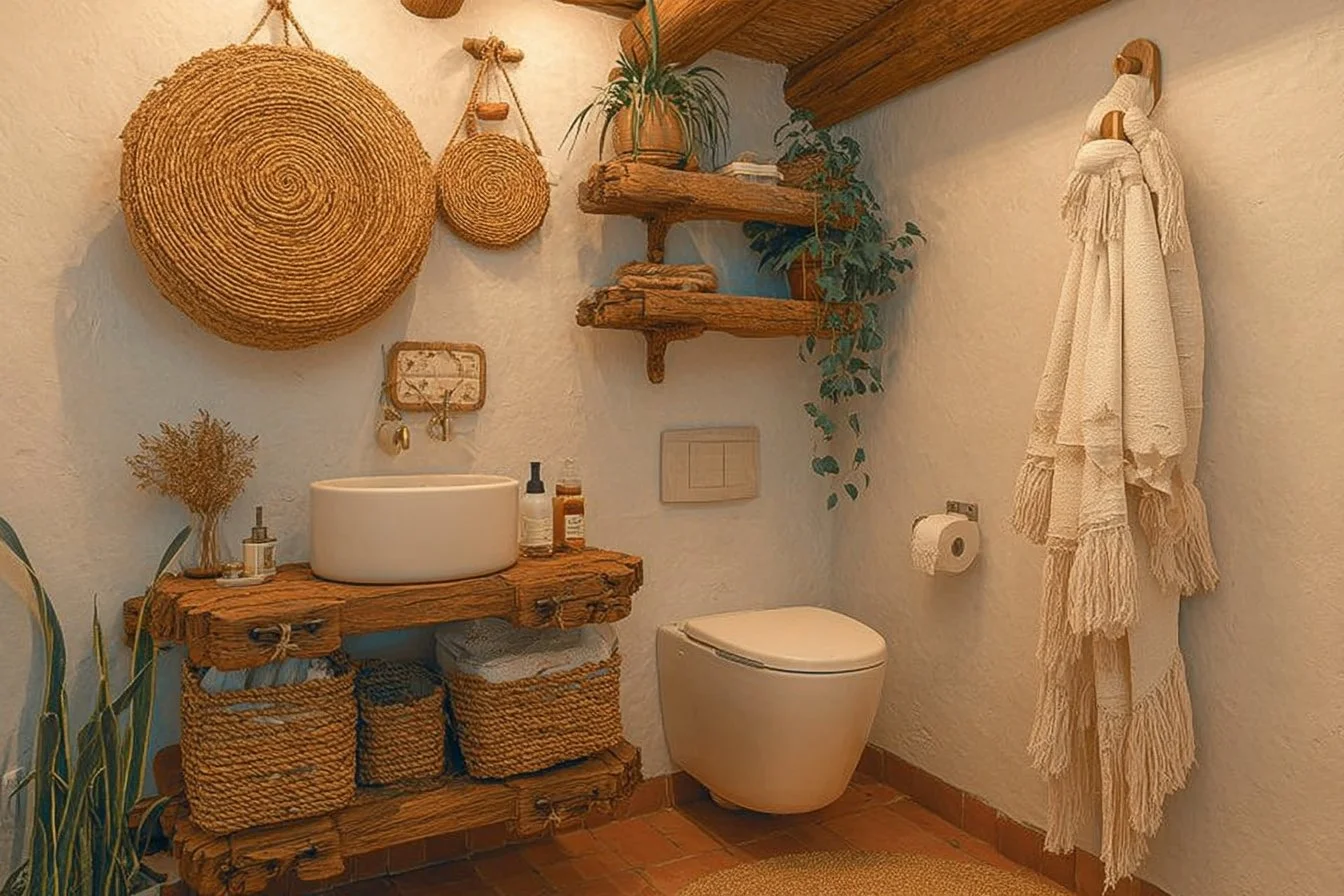 Rustic boho bathroom decor featuring natural elements and cozy aesthetics.