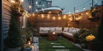 Stylish outdoor living space with comfortable seating and greenery