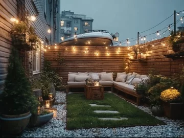 Stylish outdoor living space with comfortable seating and greenery