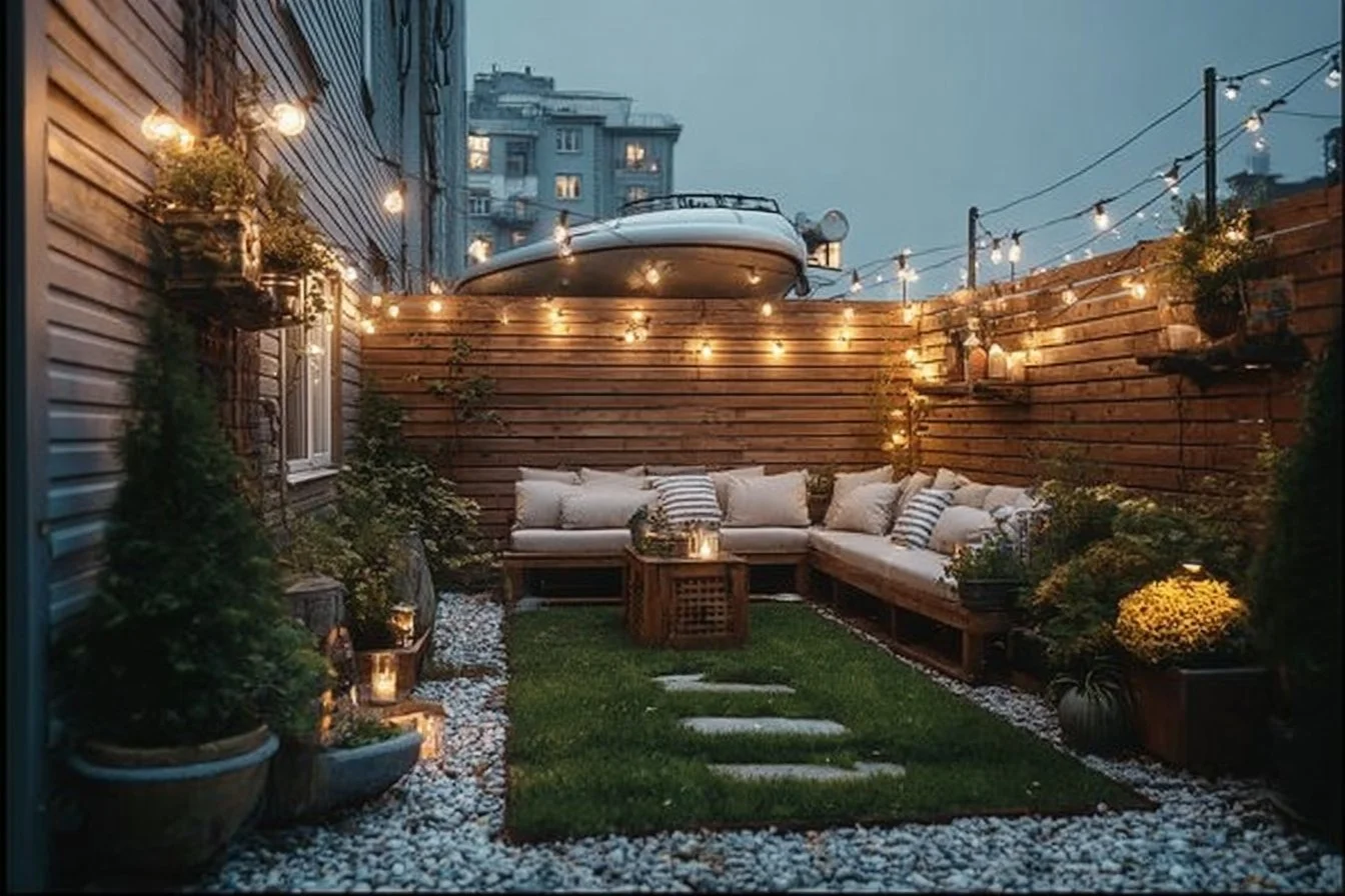 Stylish outdoor living space with comfortable seating and greenery