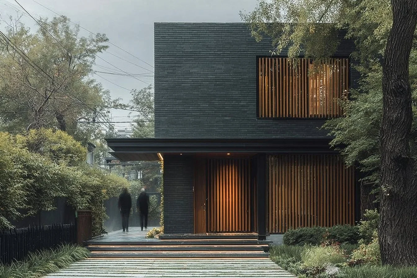 Beautiful black-brick home showcasing modern architectural design and curb appeal.