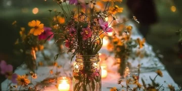 Sunlit wildflower wedding setup featuring rustic decor and vibrant blooms.